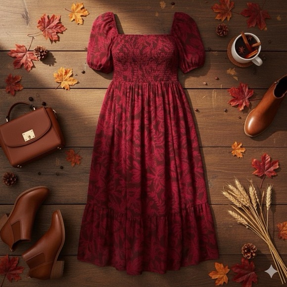 Torrid Leaves Tea Length Smocked Bodice Dress Size 4 Coquette Fairycore Romantic - Picture 2 of 11